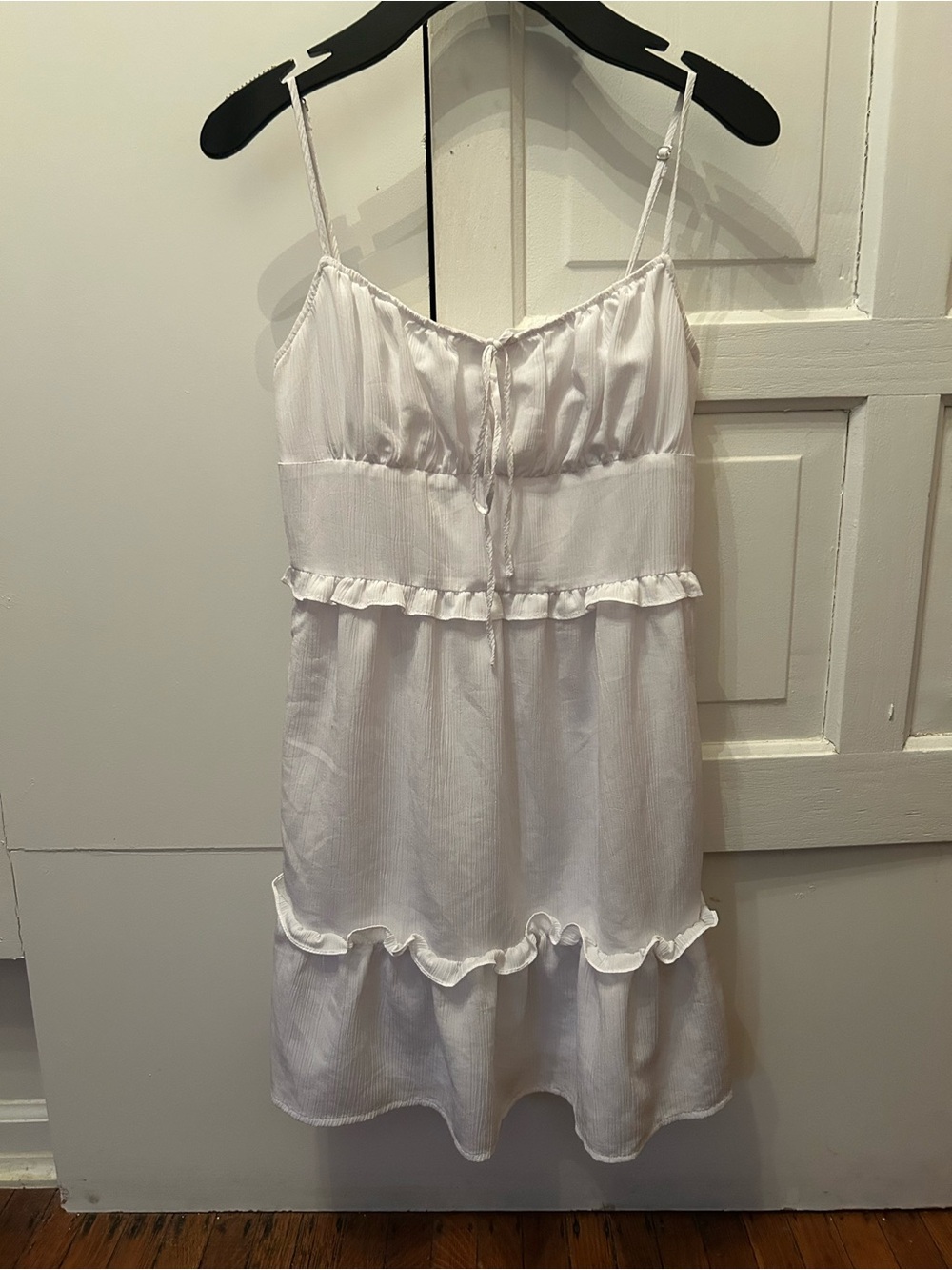 BCBGeneration White Ruffle Slip Dress with Spaghetti Straps